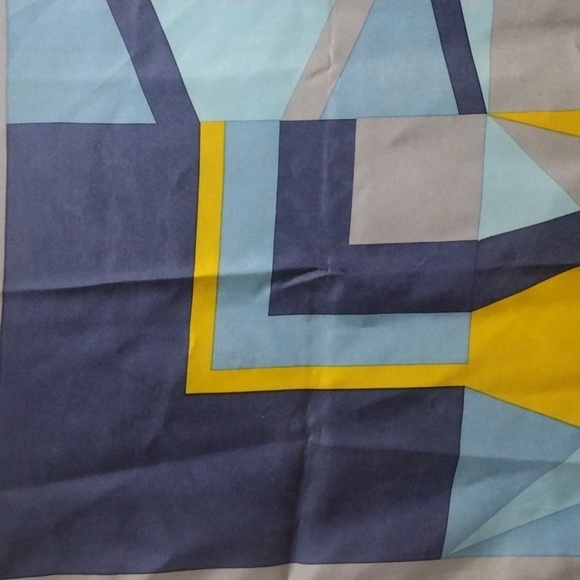 J.D. Dubois Silk Scarf 30x30 – Luxe Geometric Blue & Gold Tie Style Accessory - Picture 8 of 14